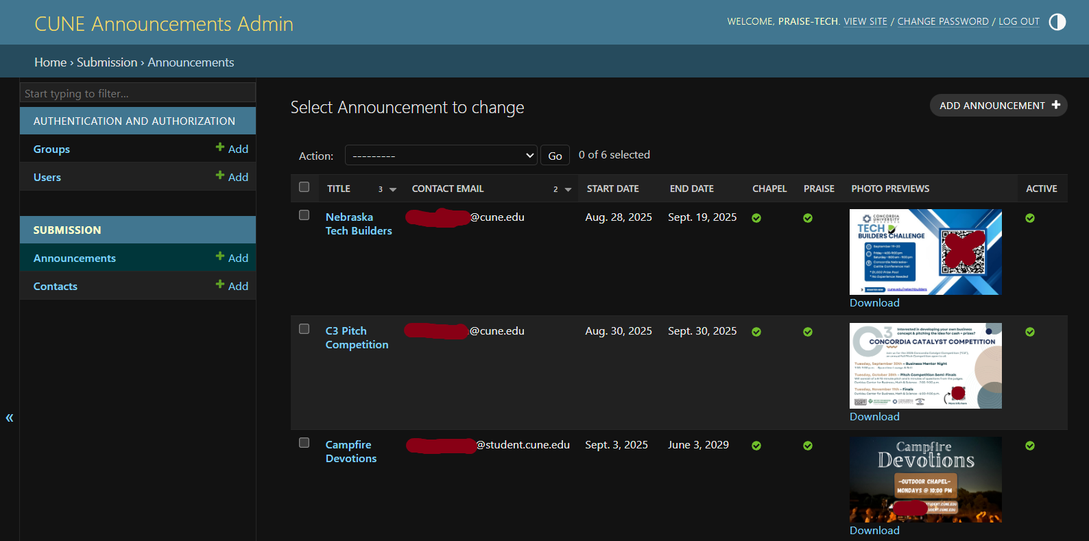 CUNE Announcement Admin View